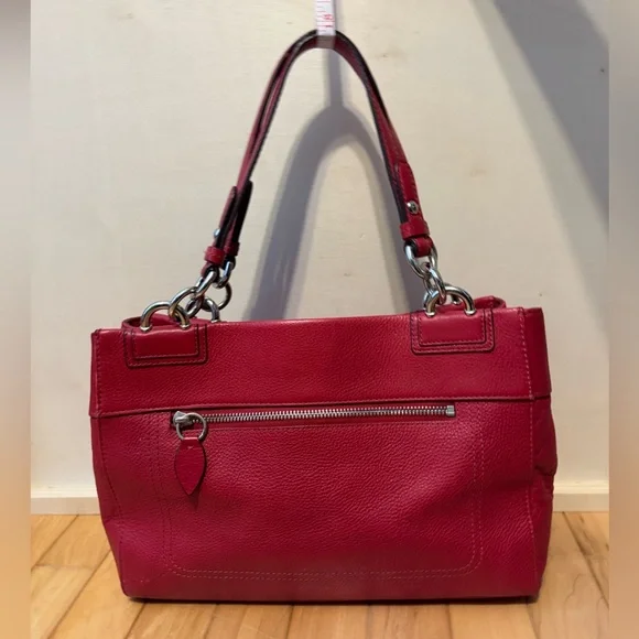 Coach Red Pebbled Leather Turnlock Tote Shoulder Bag Silver Hardware - Picture 4 of 11